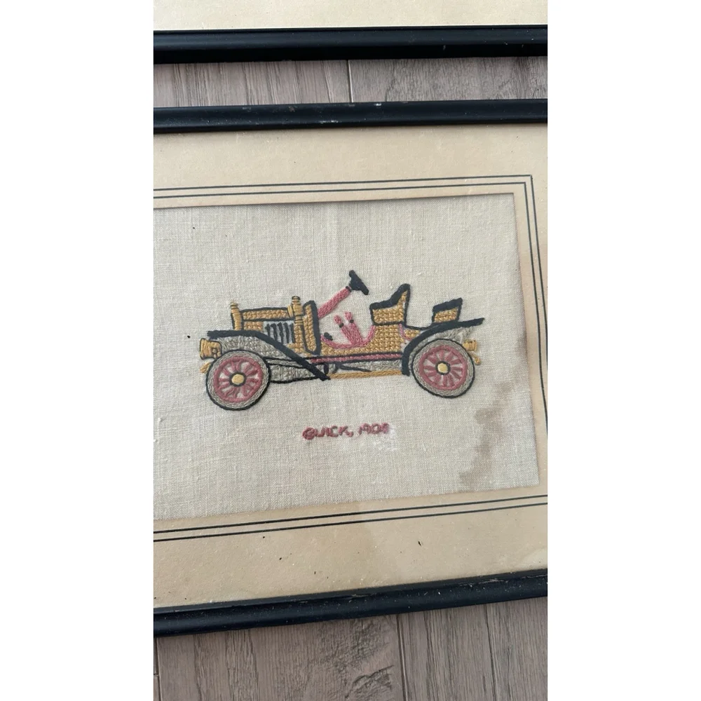 6 VINTAGE COMPLETED EMBROIDERY Antique Cars Framed Old Frames